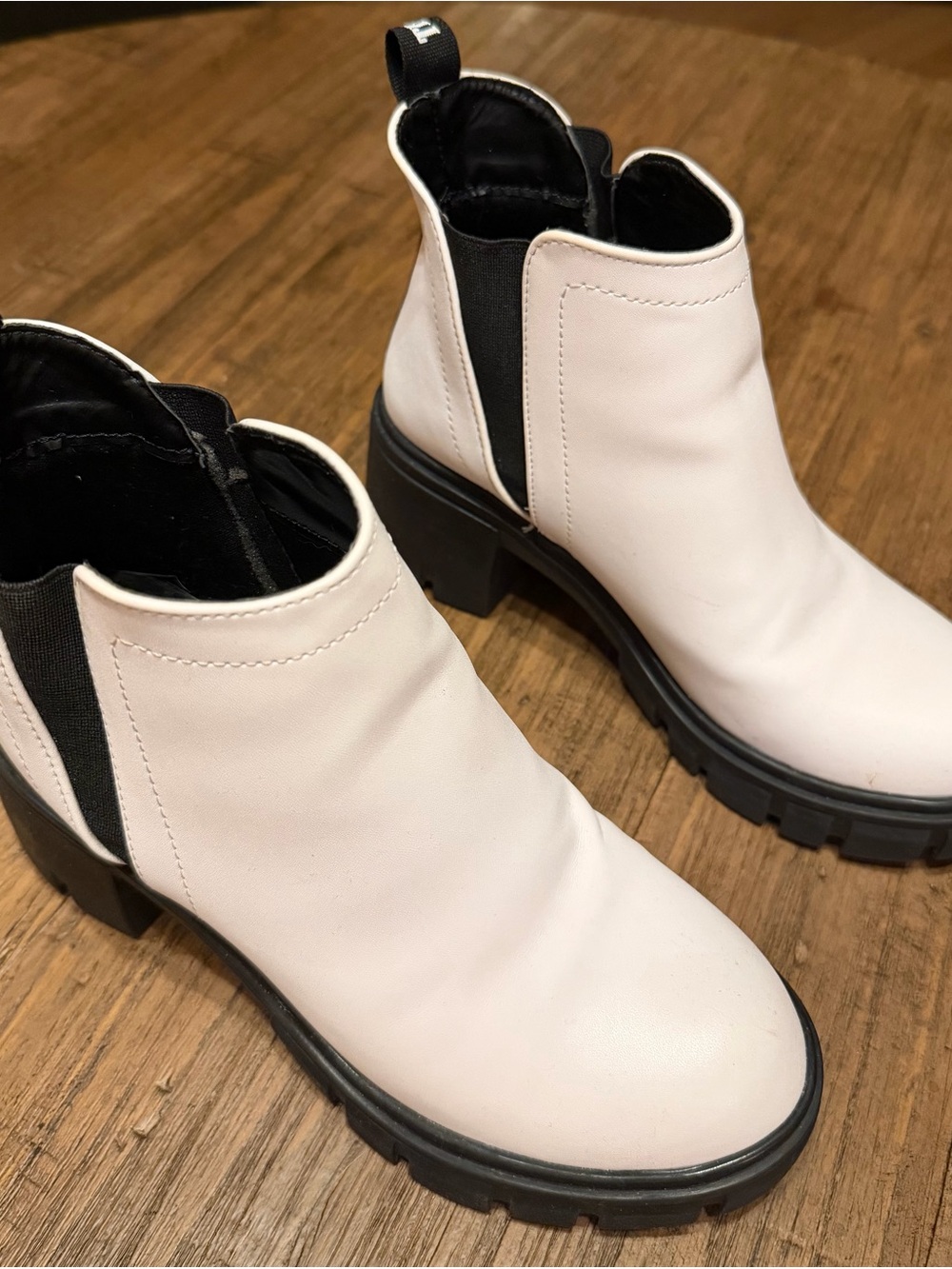 True Religion White Leather with Black Chelsea Lug Booties size 6.5